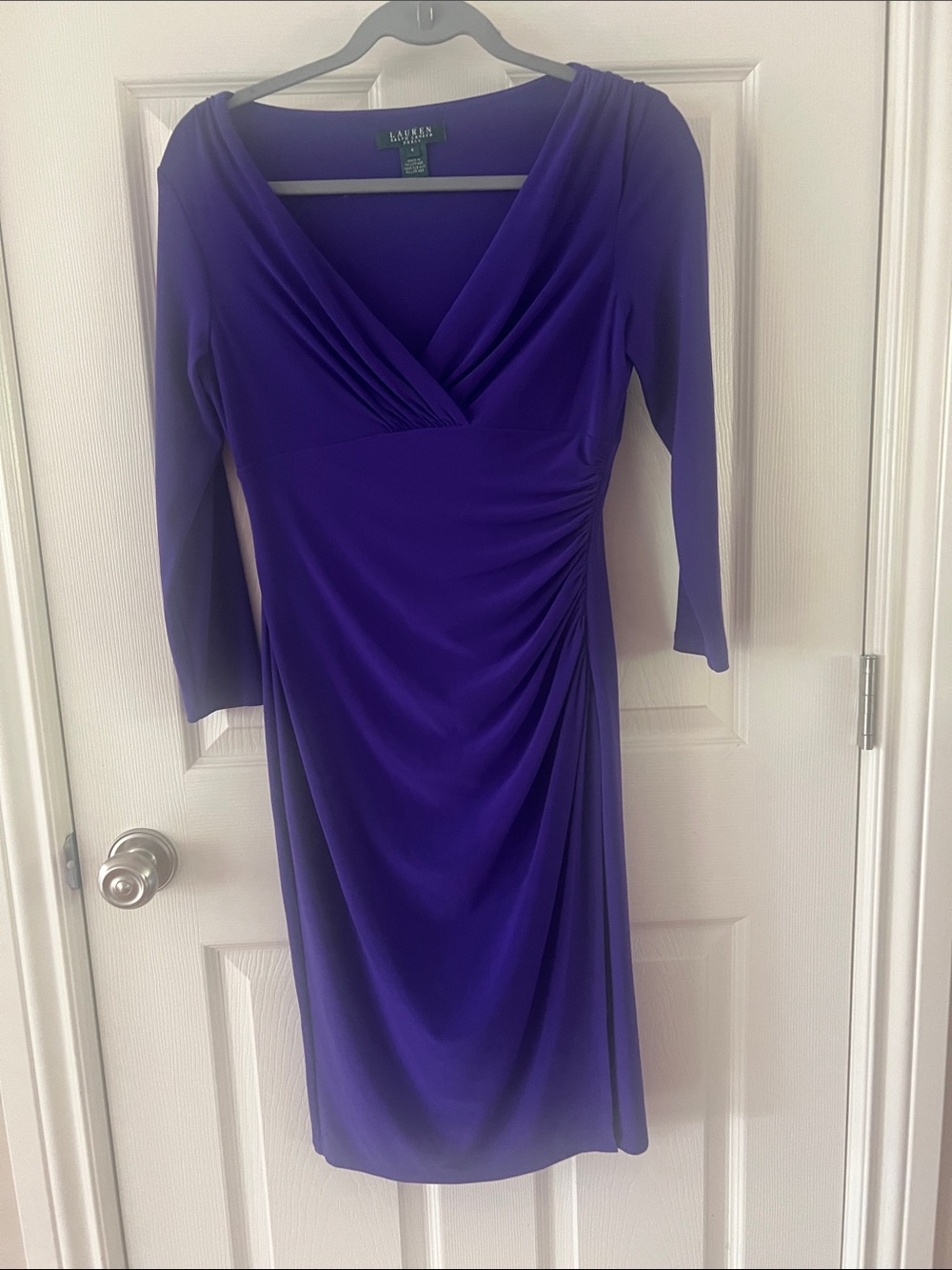 Lauren Ralph Lauren Purple Faux-Wrap Long Sleeve Midi Dress